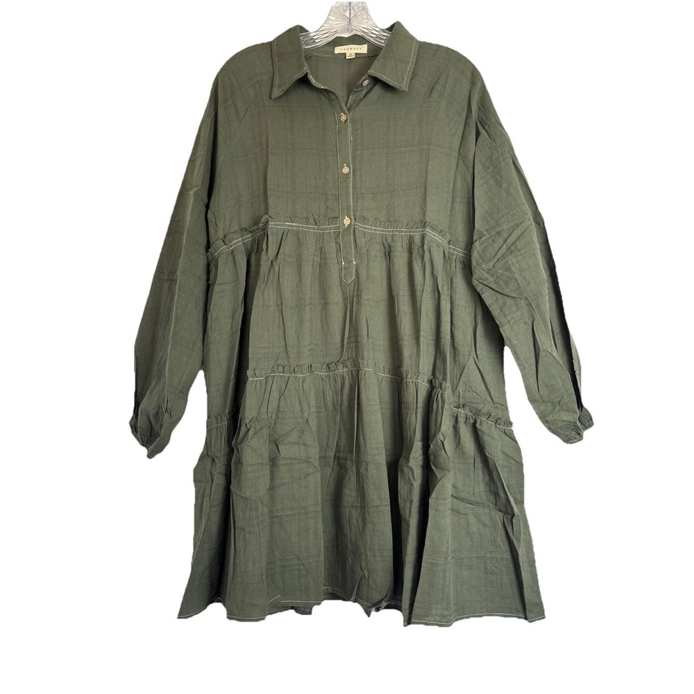 Promesa Olive Green Tiered Babydoll Mini Dress Cotton Long Sleeve Green Medium